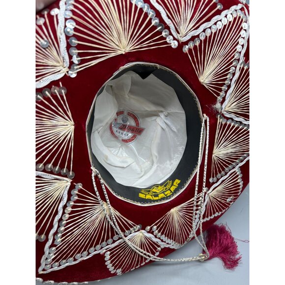 piggalle salazar Red Velvet Sombrero hat Intricate White Embroidery Tassel XL - Picture 10 of 13